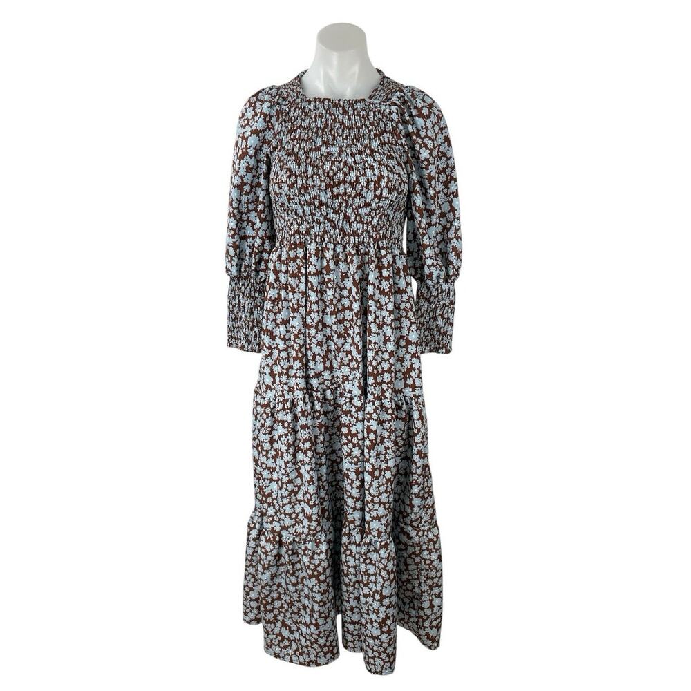 Zoya Brown Floral Shirred Long Balloon Sleeve Smocked Tiered A Line Maxi Dress 2